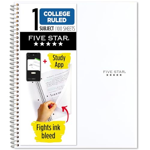 Five Star Spiral Notebook + Study App, 1 Subject, College Ruled Paper, 8-1/2" x 11", 100 Sheets, Fights Ink Bleed, Water Resistant Cover, White (72456)