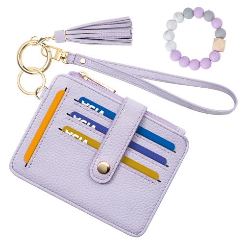 Airkit Wristlet Wallets for Women, Keychain RFID Blocking Credit Card Holder, Small Girly Wallet with Bracelet, Silicone Beaded Tassel Key Ring Card Holder, Purple