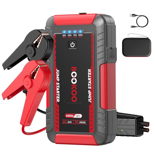BOOKOO Portable Car Jump Starter, 4500A Car Battery Jump Starter for Upto 10L Gas and 8L Diesel Engines,12V Jump Box with Jumper Cables,USB QC3.0,LED Light