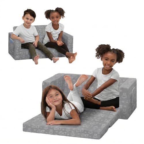 Delta Children - Serta Perfect Sleeper Kids 2-Seater Sofa, Convertible 2-in-1 Flip Open Toddler Couch Sleeper, Foam Chair for Playroom & Bedroom, Bed Lounger, Comfy Play Sleeping Lounge Chair, Grey