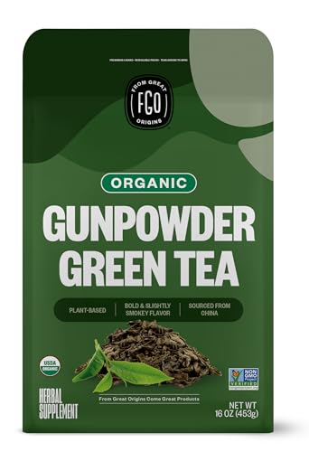 FGO Organic Gunpowder Green Tea, Loose Leaf, 16oz Bulk Resealable Bag, Packaging May Vary (Pack of 1)