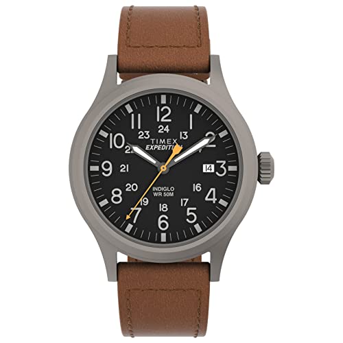 Timex Men's Expedition Scout 40mm Watch – Gray Case Black Dial with Brown Ecco DriTan Leather Strap