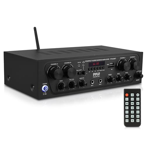 Pyle PTA42BT Wireless Karaoke Bluetooth Stereo Receiver - 4 Channel Power Amplifier w/USB,2 Microphone Input w/ Echo,Talkover for PA Great for Home Speaker System,Black
