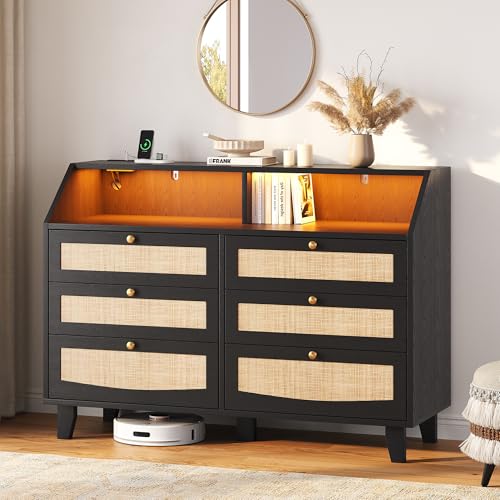 Seetech Rattan 6 Drawer Dresser with LED Lights & Power Outlet, Wide Rattan Dresser TV Stand with Wooden Top, Chest of Drawers for Bedroom, Living Room, Hallway, Black
