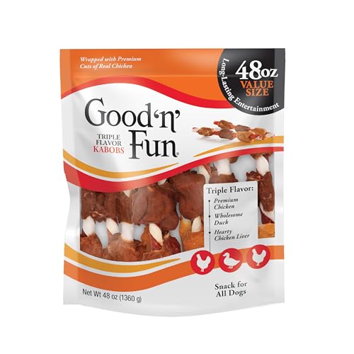 Good ‘n’ Fun Triple Flavor Kabobs Chews for All Dogs, 48 Ounces, Treat Your Dog to Chews Made from Beef Hide, Real Chicken, Pork Hide, Duck and Chicken Liver