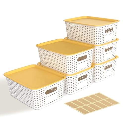 AREYZIN 6 Pack Plastic Storage Bins with Lid,Stackable Storage Bins and Storage Baskets for Shelves,Small Baskets for Organizing, Small Storage Bins,10.2x7.2x4.1 Inch, White