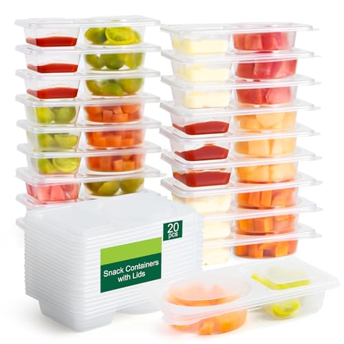 InnovHaus 20 Sets Reusable Snack Containers with Lids, 2 Compartment Snack Pack Containers for Food Storage & Meal Prep, Travel Snacks, Leakproof, Split-Proof