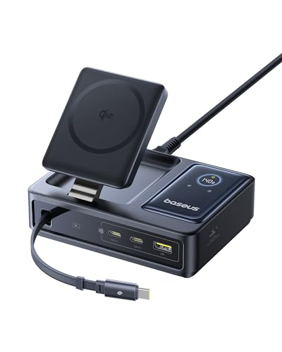 Baseus Nomos 5-in-1 Charging Station 140W, Qi2 Certified 15W Magnetic Wireless Charger with 100W Retractable Cable, GaN Fast USB C Desktop Charger for Magsafe, iPhone 16/15 Pro Max, MacBook Pro