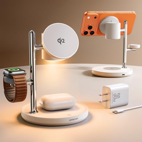 15W MagSafe for JOYROOM, Fast Qi2 Certified 4-in-1 MagSafe Charging Station for Apple, Wireless Charger for iPhone 17/16/15 Pro Max, Pixel 10/9, iWatch, AirPods 4/3/2/Pro(Cable& 30W Adapter Included)