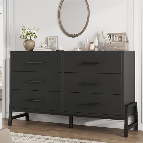 GarveeHome 6 Dresser for Bedroom, 52 in Wide Drawer with Large Storage Space, Freestanding Wooden Closet Storage Dresser Chest for Living Room, Bedroom, Entryway, Black