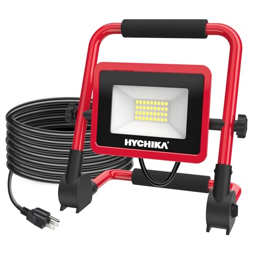 HYCHIKA 30W LED Work Light, 3500 Lumen Brightness Portable Flood Light with Stand, 6.6 ft Cord for Outdoor/Indoor LED, Car Repair