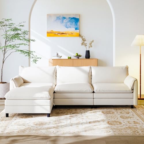FLEXISPOT SF6 L-Shaped Cloud Sectional Couch with Storage Ottoman, 3-Seater Modular Sectional Sofa, 100.4" Wide Comfy Upholstered Sofa Couch for Living Room Apartment, Chenille White