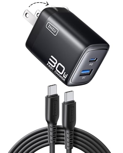INIU USB C Charger Block, 30W PD QC GaN Fast Charging with 5FT Type C Cable & Advanced Protection, Wall Charger with Foldable Plug for iPhone 17 16 15 Pro Max iPad, Samsung S26 S25 Ultra, Pixel 10 9