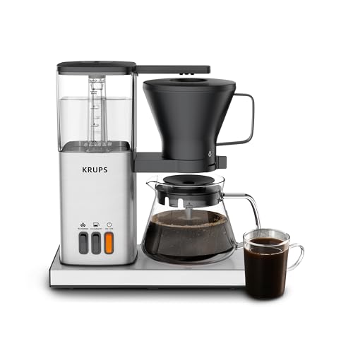 KRUPS Essential Brewer 8 Cup Drip Coffee Maker Machine, SCA-Certified, Blooming Technology, Barista-Quality, Pour Over Coffee Machine, Easy to Clean, Stainless Steel Design, Silver