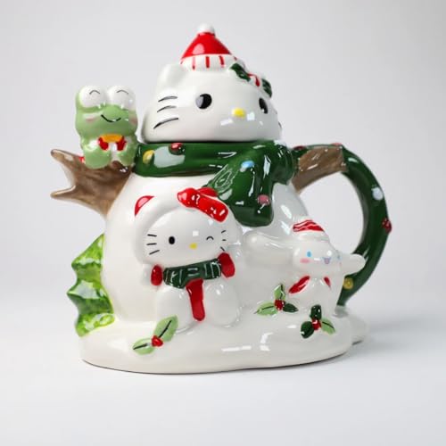 Blue Sky Clayworks Hello Kitty & Friends Holiday Snowman Fun Teapot, Ceramic, 8" L x 6" W x 8" H, Snow-Day Story Pour