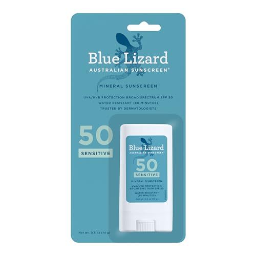 BLUE LIZARD Sensitive Mineral Sunscreen Stick with Zinc Oxide, SPF 50+, Water Resistant, UVA UVB Protection Easy to Apply, Fragrance Free, 0.5 Oz