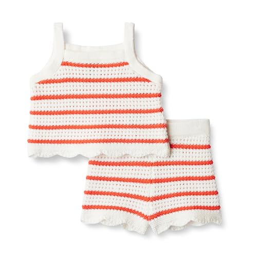 Amazon Essentials x Sofia Grainge Toddler Girls' Mommy & Me Cotton Crochet Sweaters & Tank Sets, Ivory Red Uneven Stripe, 3T