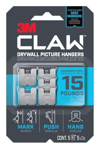3M Claw 15 lb. Drywall Picture Hanger with Spot Markers, Heavyweight Hanging Solution for Room Decor and Office Decor, Including Mirrors or Large Art – 5 Pack