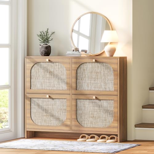 Nicetree Freestanding Arched Rattan Accent Ultra Slim Shoe Cabinet for Entryway - 4 Flip Drawers & 3-Tier Adjustable Shelves, Farmhouse Modern Rustic Shoe Rack for Hallway, Foyer, Living Room