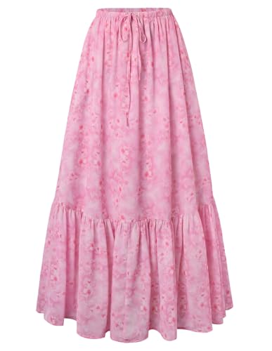 Scarlet Darkness Floral Maxi Skirts for Women 2026 Summer Flowy Ruffle Long Skirt with Pokets Pink L