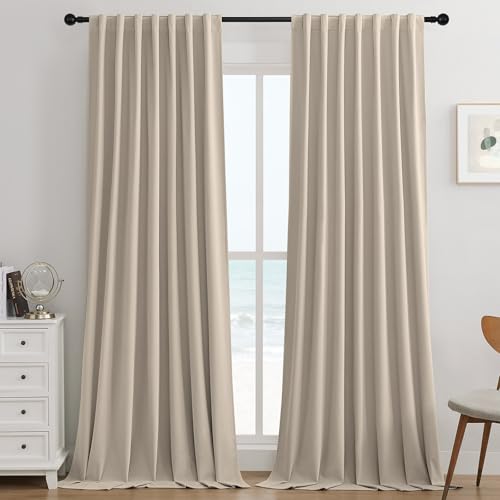 Joydeco Light Beige 100% Blackout Curtains 84 Inch 2 Panels, Luxury Thermal Light Beige Velvet Curtains for Bedroom Living Room, Soundproof Blackout Window Drapes, Rod Pocket & Back Tab (52W x 84L)