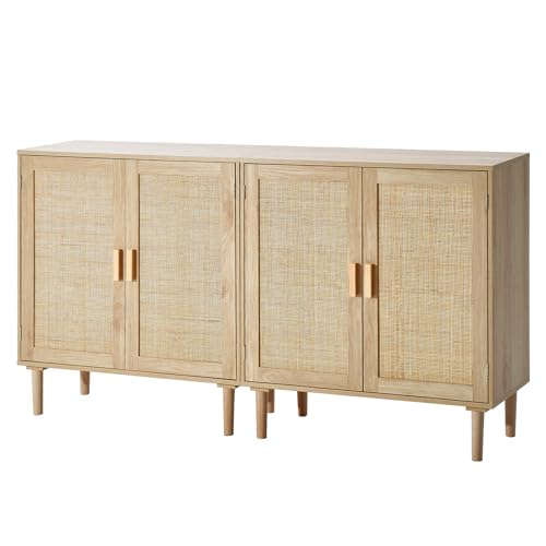 VEVOR Rattan Buffet Cabinet with Storage, 4 Magnetic Doors and Adjustable Shelves, Sideboard for Hallway, Living Room, Kitchen, Natural