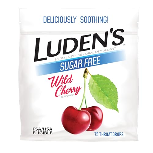 Luden's Sore Throat Relief Lozenges for Minor Everyday Irritation & Dry Mouth, Sugar Free Wild Cherry Flavored Drops, 75 Count