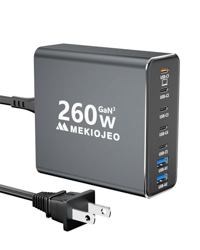 Aluminum Alloy 260W USB C Charger GaN Fast USB C Charging Station 7 Ports 65W Laptop Charger for MacBook Pro/Air/iPad Pro/iPhone (Gray)