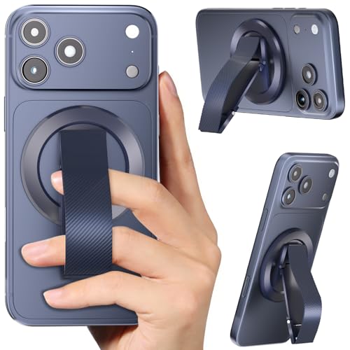 SINCEHOLY for MagSafe Phone Grip Ring, Magnetic Phone Holder with Silicone Finger Strap, 360° Rotating Dual-Axis Kickstand, N52 Magnetic Phone Stand Grip for Mag Safe iPhone 17/16/15/14/13/12, Blue
