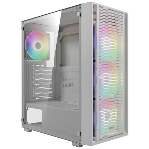 GAMDIAS White ATX Mid Tower Gaming Computer PC Case with Side Tempered Glass, Preinstalled 4X 120mm ARGB Fans, Support Up to 6X 120mm Fans, 360mm AIO/Radiator, 340mm GPU/VGA, 160mm CPU Air Cooler