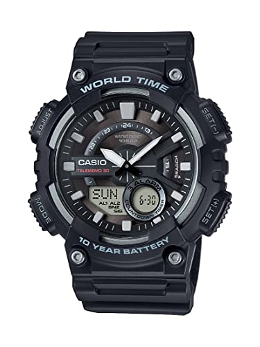 Casio AEQ110BW Series | Men’s Analog-Digital Watch | Black | 100M WR | Multi Alarms | 100 SEC Stopwatch | Countdown Timer | World Map for World Time | LED Light | LC Display | 10 Year Battery