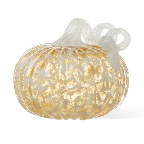Glitzhome Hand Blown Glass Pumpkin Decor 5" Amber - Artisan Fall Harvest Thanksgiving Table Centerpiece Halloween Home Decor