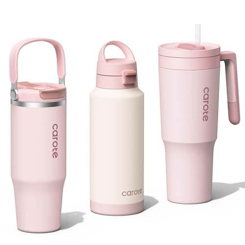 CAROTE 3-Pack Insulated Stainless Steel Water Bottles, Cup Holder Compatible for Travel, Upgraded Leak Proof, 32/32/40 oz Built-In Straw Tumblers Set for Daily Use/Outdoor (Peach)
