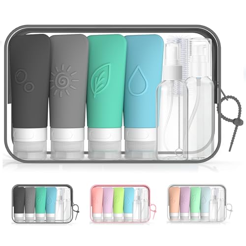 KLKE 16-Piece Silicone Travel Bottles Set – TSA Approved Leakproof Toiletry Kit with Flat Easy-Squeeze Bottles, Pump & Spray, Waterproof Bag