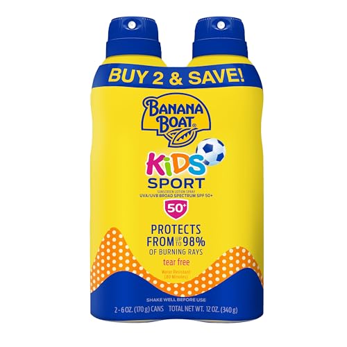 Banana Boat Sport Kids Sunscreen Spray SPF 50, Twin Pack | Spray Sunscreen for Kids, Childrens Sunblock SPF 50, Oxybenzone Free, 6oz each