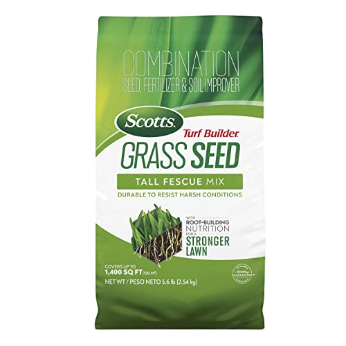 Scotts Turf Builder Grass Seed Tall Fescue Mix - Durable to Resist Harsh Conditions, Lawn Seed, Grass Fertilizer & Soil Improver, Covers up to 1,400 sq. ft., 5.6 lb.