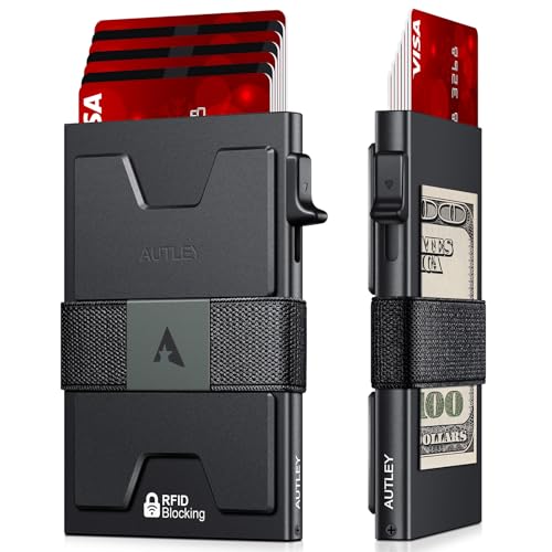 AUTLEY Card Wallet for Men, Slim Card Holder RFID Blocking Pop Up Mens Wallet with Cash Band, Expandable Backplate, Gifts for Men, Men's Accessories