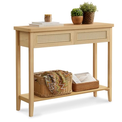 VASAGLE Console Sofa Table, Narrow Entryway Table, 2 Drawers, Open Storage Shelf, Rounded Corners, for Living Room, Boho Style, Oak Beige ULNT016YC01S