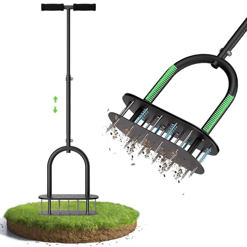 seasky Lawn Aerator, Manual Lawn Aerator Tool with Padded T-Handle, Wide Foot Plate & 15-3 Inch Solid Steel Spikes, Dual-Layer Design for Effortless Aeration in Lawn, Yard and Garden Soil