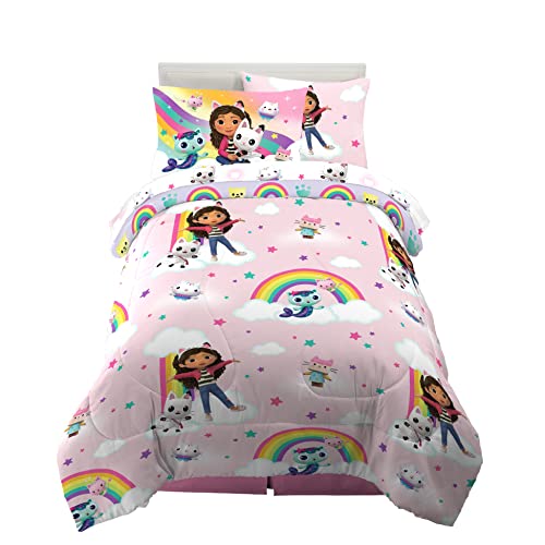 Gabby's Dollhouse Kids Twin Size Bedding, 5 Piece Super Soft Cozy Reversible Comforter and Sheet Set with Sham, (Officially Licensed Product) By Franco