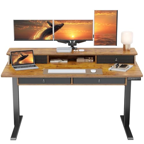 ErGear 55 X 30 Inch Electric Standing Desk with 4 Drawers, Height Adjustable Desk with Storage, C-Clamp Mount Compatible, Home Office Table with Cable Management Tray, Vintage Brown