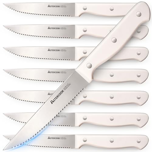 Astercook Steak Knives, Steak Knives Set of 8, High Carbon Stainless Steel Steak Knife Set with Full Tang Handle, Dishwasher Safe Serrated Knife, Elegant Cream White