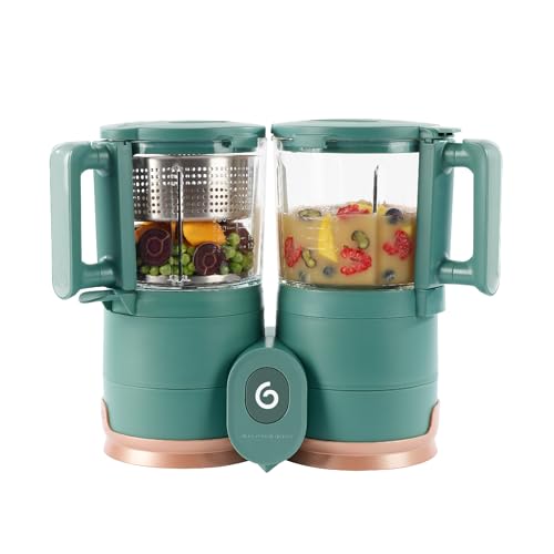 Babymoov Duo Meal Glass Food Maker - Baby Food Processor with Built-in Glass Steamer, Stainless Steel Basket, and Glass Blender (Over 6 Cup Capacity), Dark green