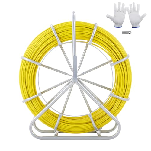 VEVOR Fish Tape Fiberglass, 600 ft, 5/16 in, Duct Rodder Fishtape Wire Puller, Cable Running Rod with Steel Reel Stand, 3 Pulling Heads, Fishing Tools for Walls and Electrical Conduit, Non-Conductive