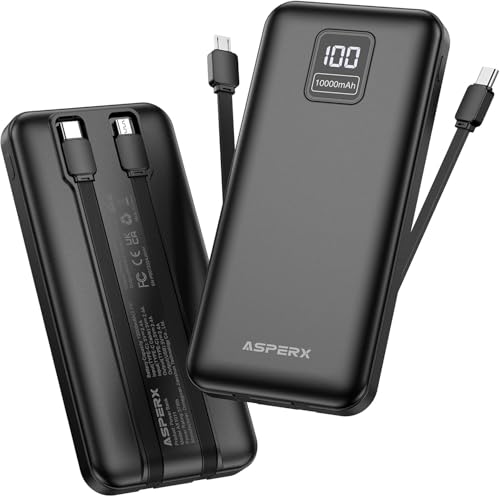 AsperX 2-Pack 10000mAh Portable Charger with Built-in Cables, USB C Travel Essential Battery Pack with 4 Outputs 2 Inputs,LED Display Power Bank with Cord Wires for iPhone Samsung Google Pixel iPad