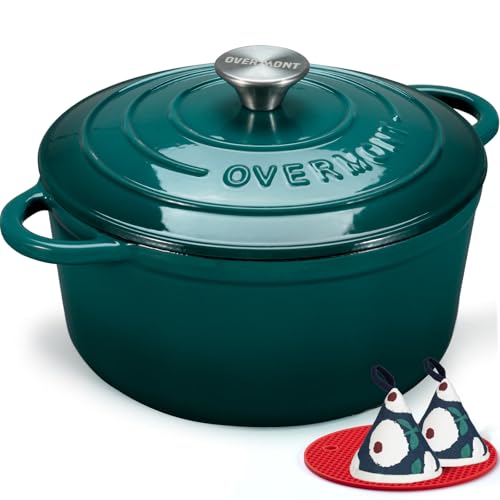 Overmont Enameled Cast Iron Dutch Oven - 5.5QT Pot with Lid Cookbook & Cotton Potholders - Heavy-Duty Cookware for Braising, Stews, Roasting, Sourdough Baking bottle green