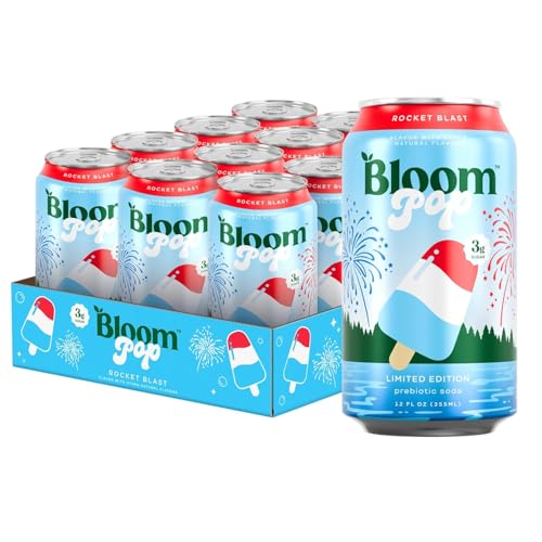 Bloom Pop Prebiotic Soda 12 Pack, Rocket Blast, 12oz Cans | Prebiotic Soda for Gut Health, Low Calorie Soda, No Caffeine, Healthy Soft Drink Alternative