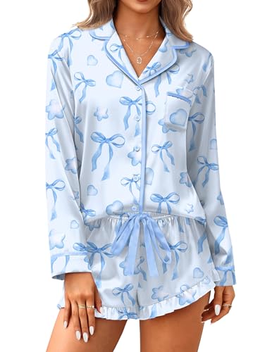 Ekouaer Satin Pajamas Set for Women 2 Piece Silky Long Sleeve and Ruffle Shorts Pajamas Button Down Pjs Loungewear Set Blue Bow Hearts Small