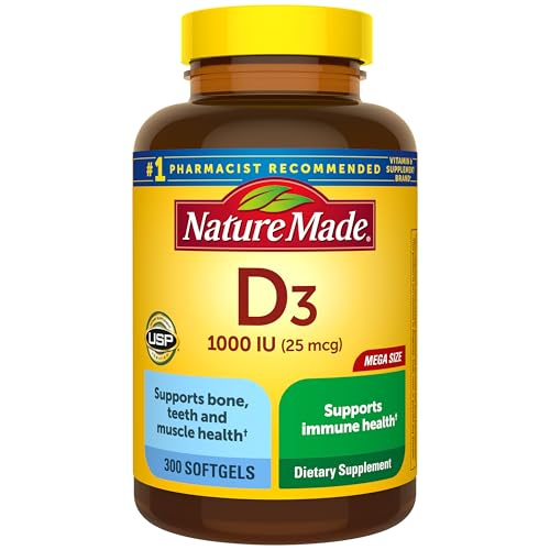 Nature Made Vitamin D3 1000 IU (25 mcg), Vitamin D Supplement for Bone, Teeth, Muscle and Immune Health Support, 300 Softgels, 300 Day Supply