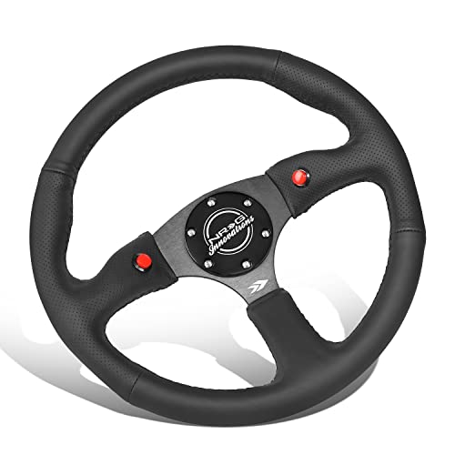 NRG Innovations NRG-RST-023D-R Reinforced Steering Wheel 350mm Sport Leather Racing (2.5" Deep) Comfort Grip, 4mm Matte Black Spoke with Leather Finish and Dual Button